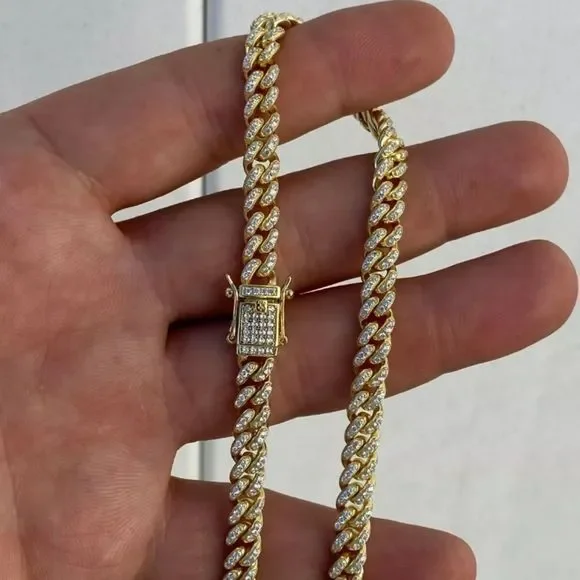 New Iced Out Miami Cuban Chain Solid 925 Gold 22” - Picture 6 of 8